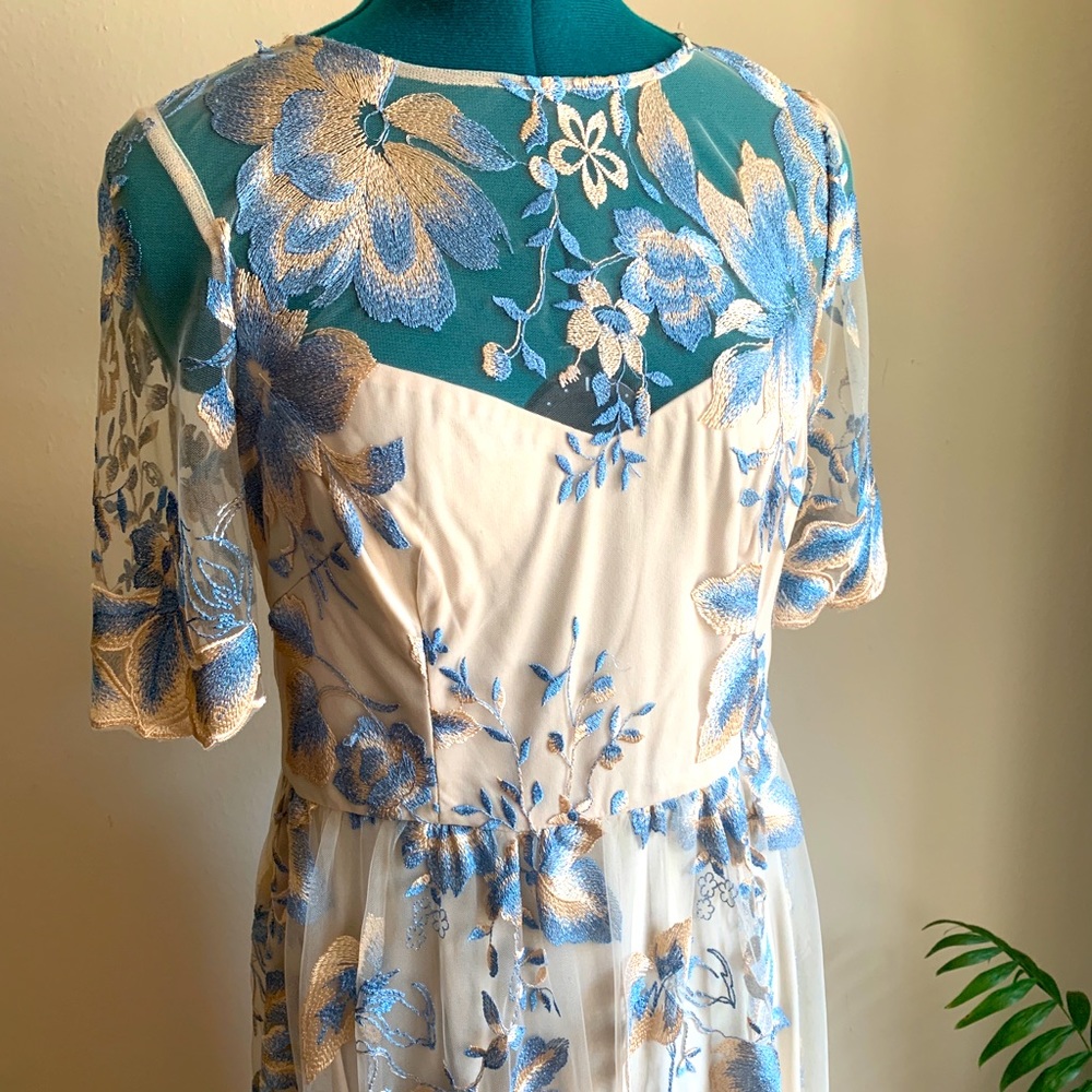 Adriana Papel Blue and Gold Lace Dress Wedding Prom sz8